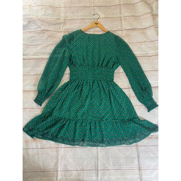 Max Studio Women's Long Sleeve Chiffon Green Smoked Mini Dress - Large - Picture 13 of 15